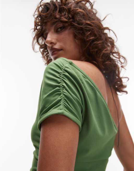 Topshop asymmetric ruched one shoulder top in green, 4 of 4