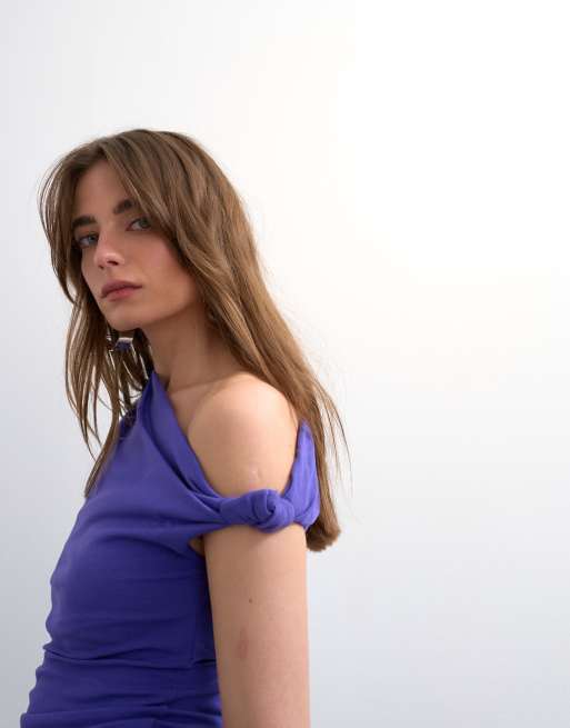 Topshop asymmetric ruched shoulder top in purple, 3 of 4