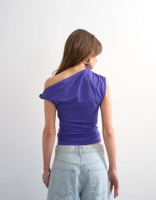 Topshop asymmetric ruched shoulder top in purple, 4 of 4