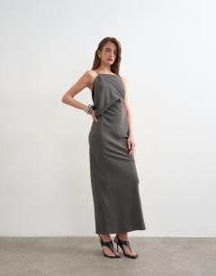 Asymmetric ruched side maxi dress in grey
