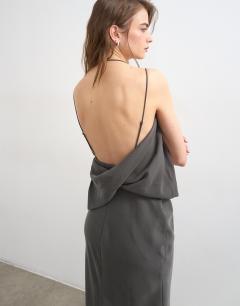 Model wearing Asymmetric ruched side maxi dress in grey