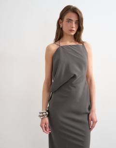 Model wearing Asymmetric ruched side maxi dress in grey