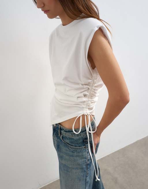 Topshop asymmetric ruched side top in white, 3 of 4