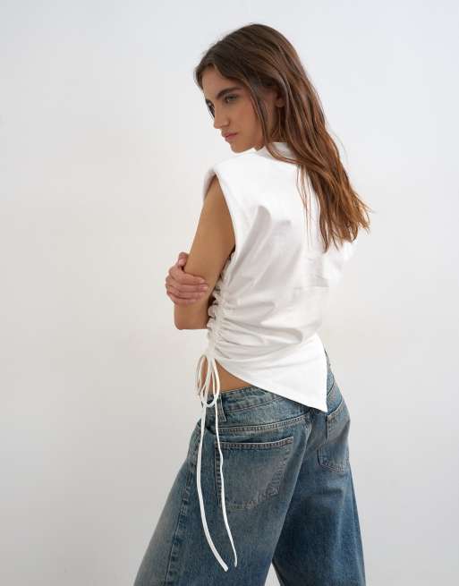 Topshop asymmetric ruched side top in white, 4 of 4