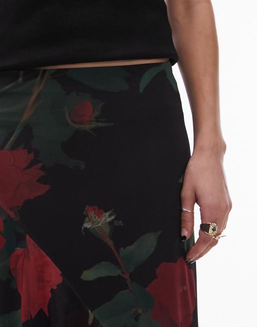 Topshop asymmetric ruffle mesh midi skirt in rose floral ASOS