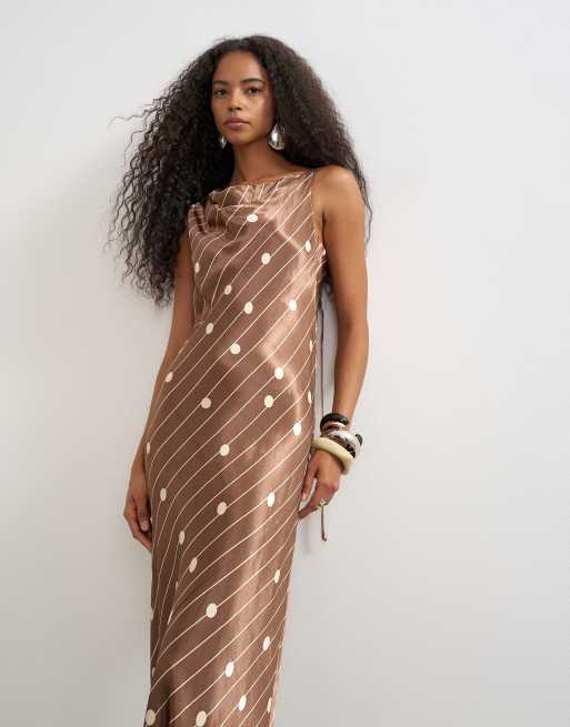 Topshop asymmetric satin maxi dress in chocolate polka dots, 3 of 4