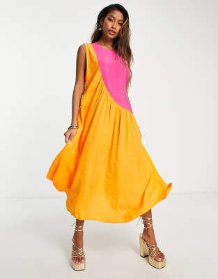 Topshop asymmetric seam midi dress in color block orange and pink