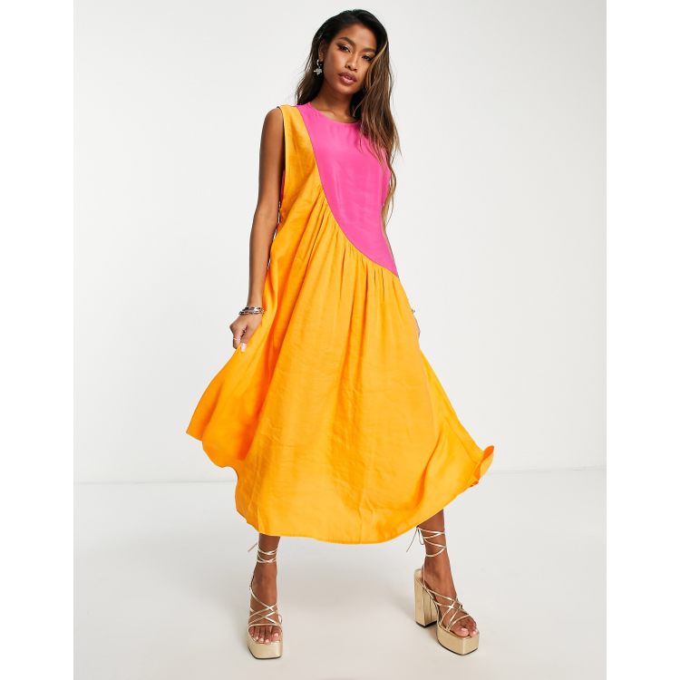 Topshop asymmetric seam midi dress in color block orange and pink