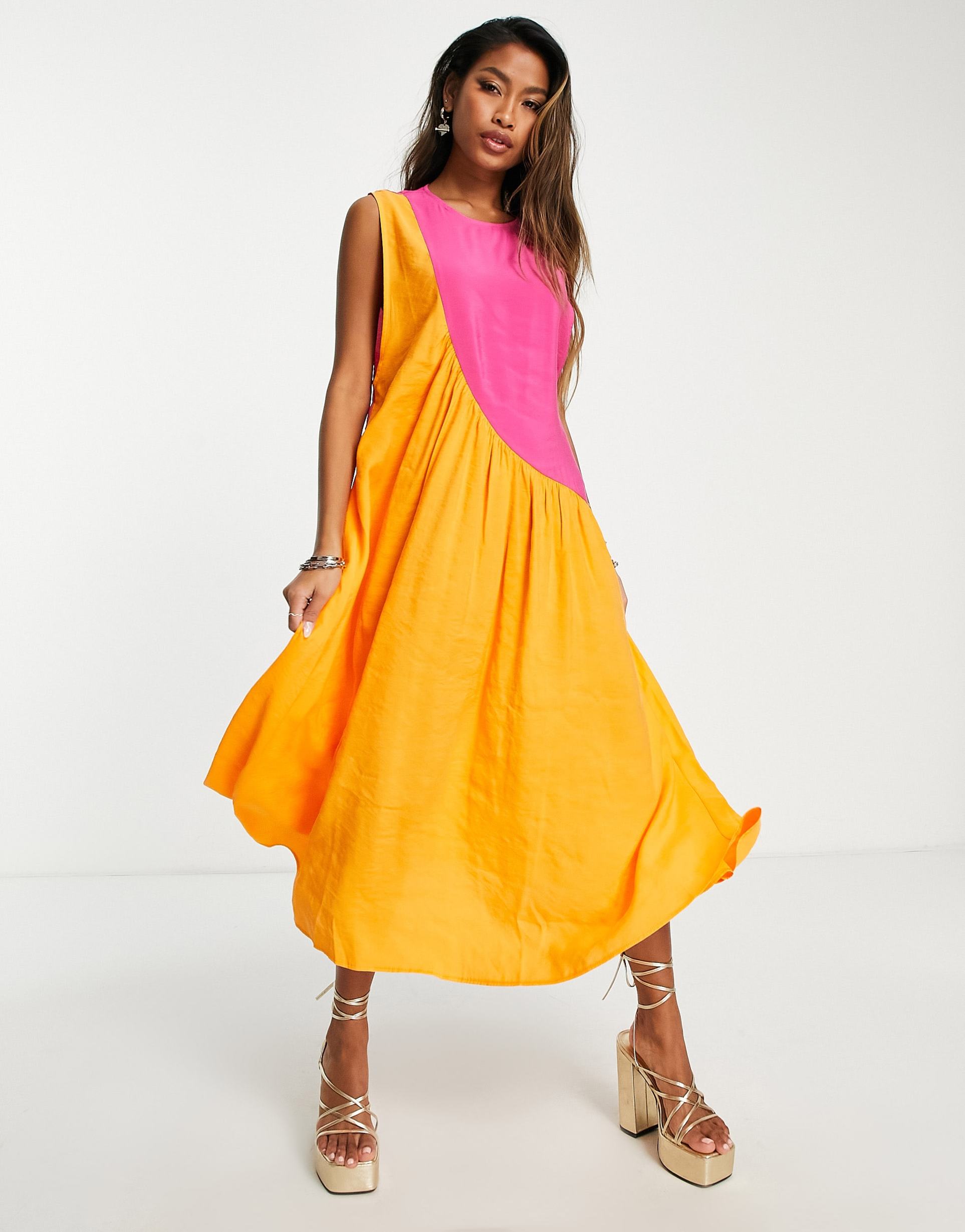 topshop asymmetric seam midi dress in color block orange and pink
