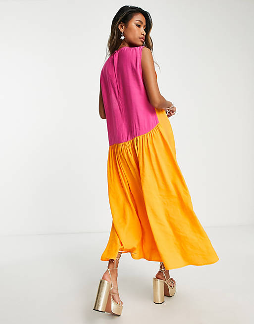 Topshop asymmetric seam midi dress in color block orange and pink