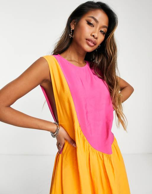 Topshop asymmetric seam midi dress in color block orange and pink