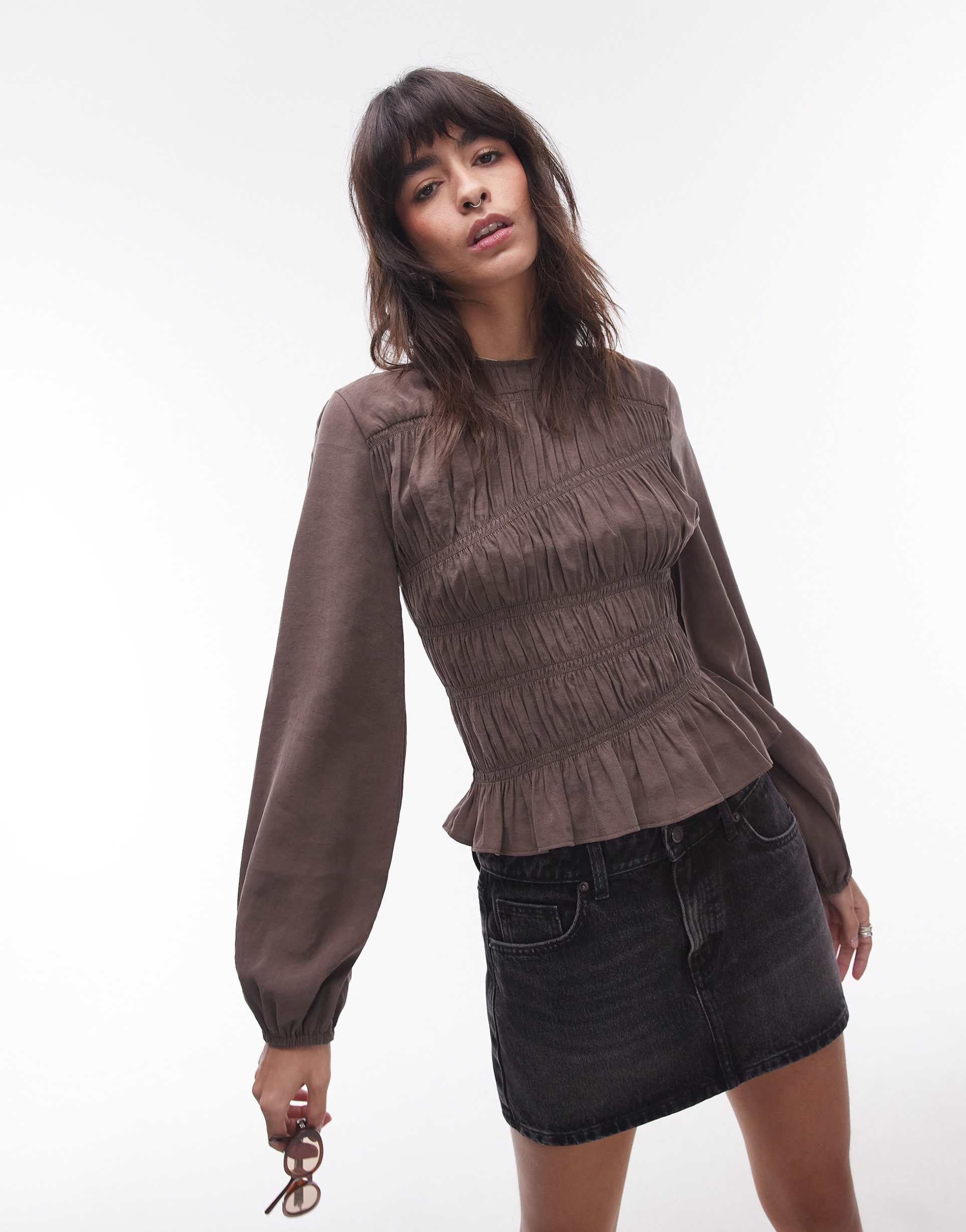 topshop asymmetric shirred top in brown