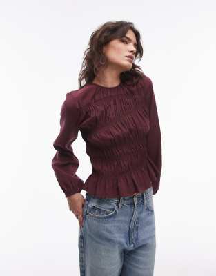 Topshop asymmetric shirred top in burgundy