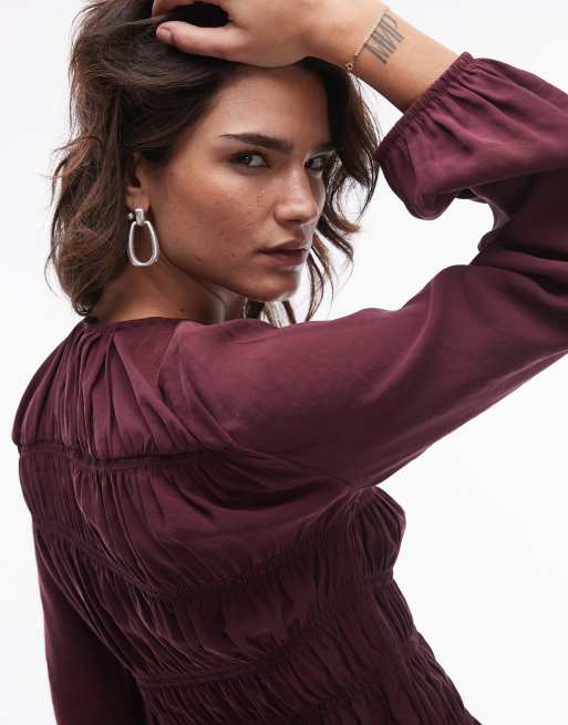 Topshop asymmetric shirred top in burgundy