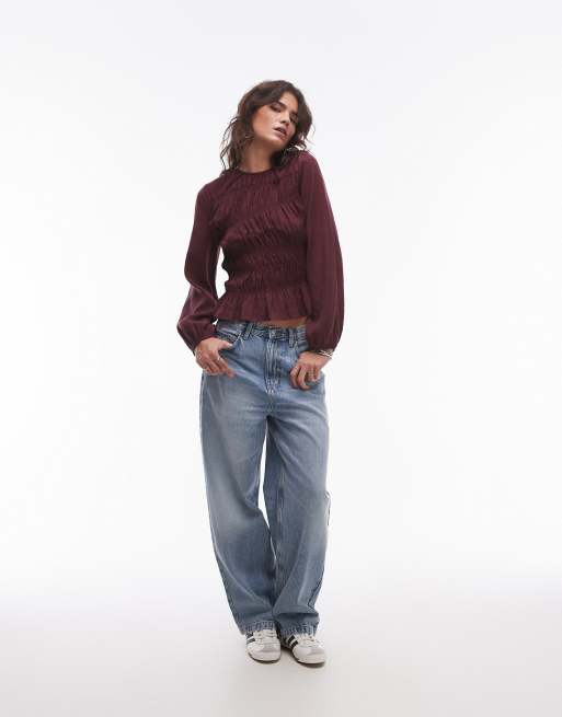 Topshop asymmetric shirred top in burgundy