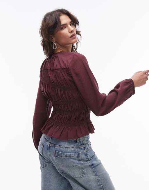 Topshop asymmetric shirred top in burgundy