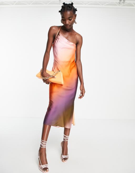 Topshop asymmetric seam midi dress in color block orange and pink