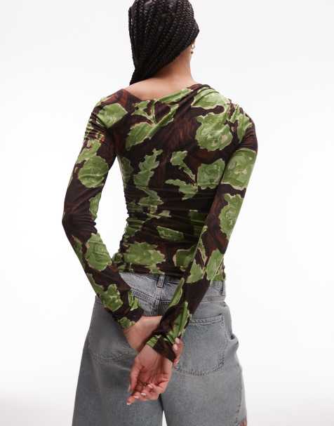 Topshop asymmetric slash neck floral print long sleeve top in green and brown - view 1