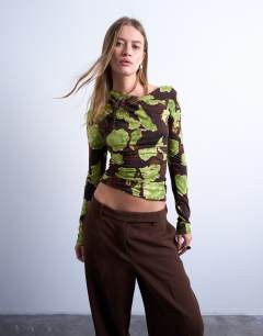 Asymmetric slash neck floral print long sleeve top in green and brown