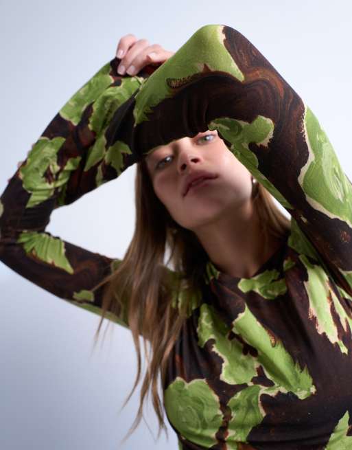 Topshop asymmetric slash neck floral print long sleeve top in green and brown