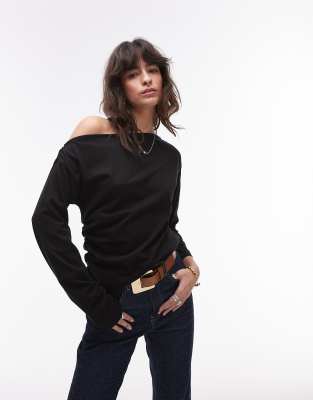 asymmetric slash neck long sleeve top in black