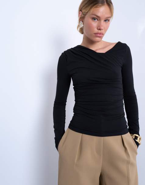 Topshop asymmetric slash neck long sleeve top in black - view 1