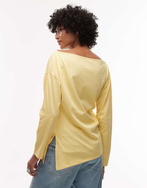 Topshop asymmetric slash neck long sleeve top in yellow