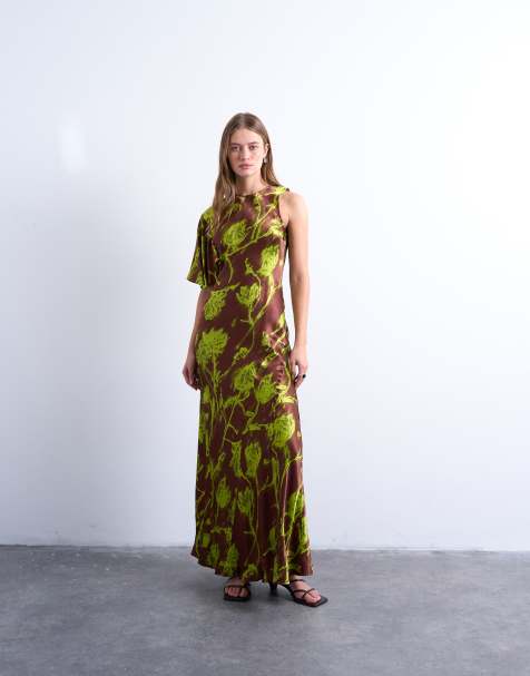 Topshop asymmetric sleeve full hem occasion midi dress in green blurred rose - view 1