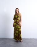 [Topshop] Topshop asymmetric sleeve full hem occasion midi dress in green blurred rose-Multi 18 MULTI