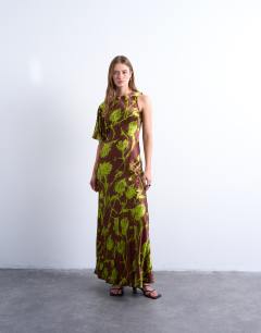Asymmetric sleeve full hem occasion midi dress in green blurred rose