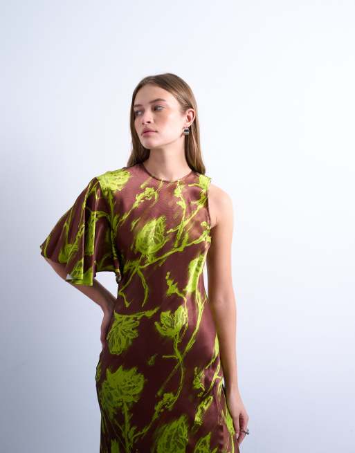 Topshop asymmetric sleeve full hem occasion midi dress in green blurred rose