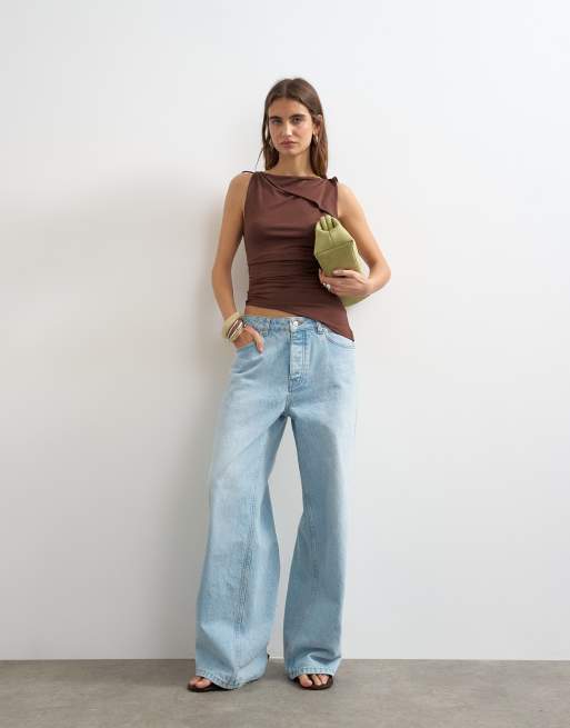 Topshop asymmetric tie shoulder tank top in chocolate, 3 of 4