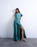 [Topshop] Topshop asymmetric tuck side satin maxi dress in petrol-Blue 14 Petrol