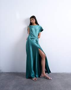 Asymmetric tuck side satin maxi in petrol