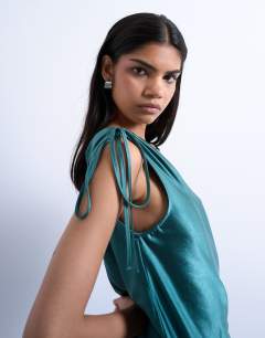 Model wearing Asymmetric tuck side satin maxi in petrol