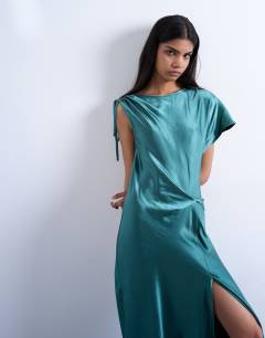 Model wearing Asymmetric tuck side satin maxi in petrol