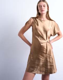 Model wearing Asymmetric tuck side satin mini dress in caramel