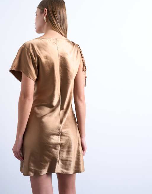 Topshop asymmetric tuck side satin mini dress in caramel, 3 of 4
