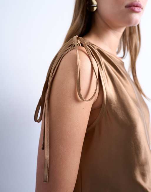Topshop asymmetric tuck side satin mini dress in caramel, 4 of 4
