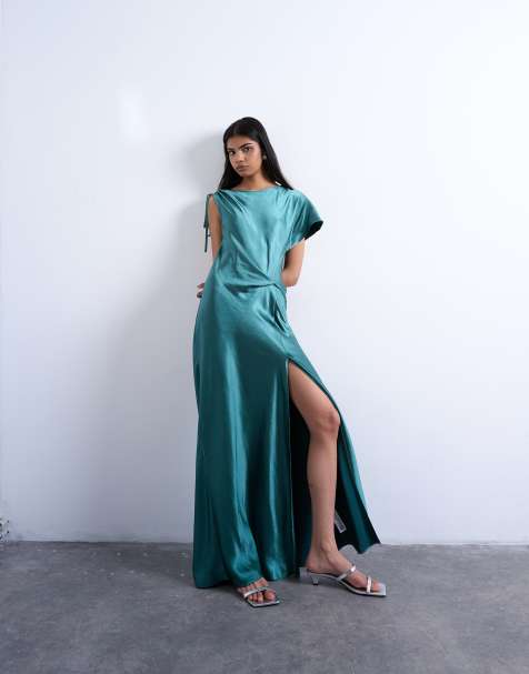 Topshop asymmetric tuck sides satin maxi dress in petroleum - view 1