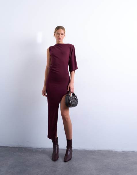 Topshop asymmetric tunic detail one sleeve maxi dress in burgundy - view 1