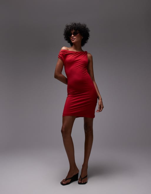 Topshop asymmetric twist detail mini dress in red, 3 of 4