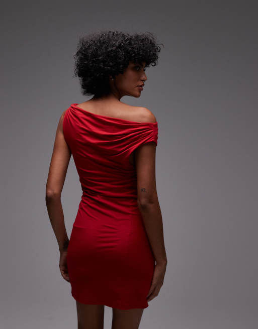 Topshop asymmetric twist detail mini dress in red, 4 of 4