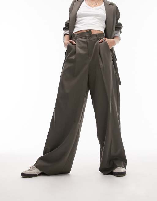 Asymmetrical Contrast Waistband Wide Leg Dress Pants