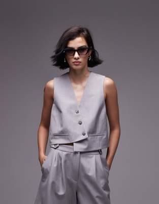 Topshop Asymmetric Wrap Vest In Gray - Part Of A Set