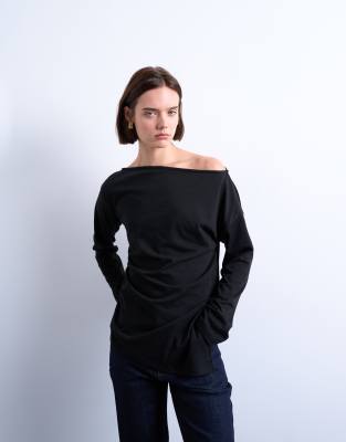 Asymmetrical jersey slash neck long sleeve top in black | Topshop