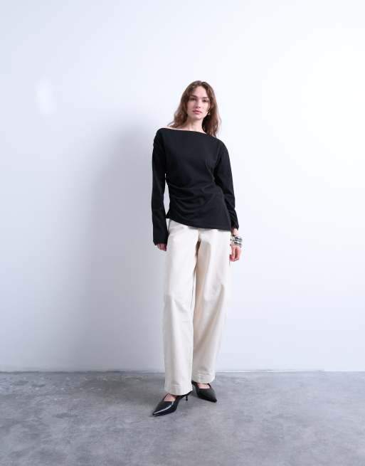 Topshop asymmetrical jersey slash neck long sleeve top in black