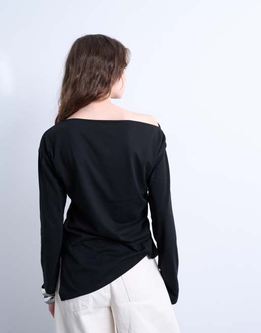 Topshop asymmetrical jersey slash neck long sleeve top in black