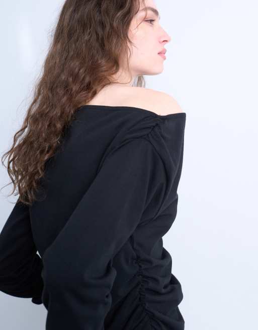 Topshop asymmetrical jersey slash neck long sleeve top in black