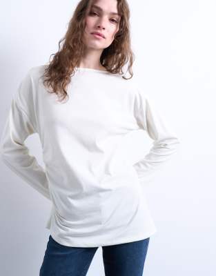 Topshop Asymmetrical Slash Neck Long Sleeve Top In Off White